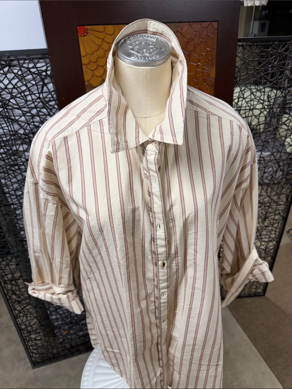 Free People Cream Shirt with Brown Stripe